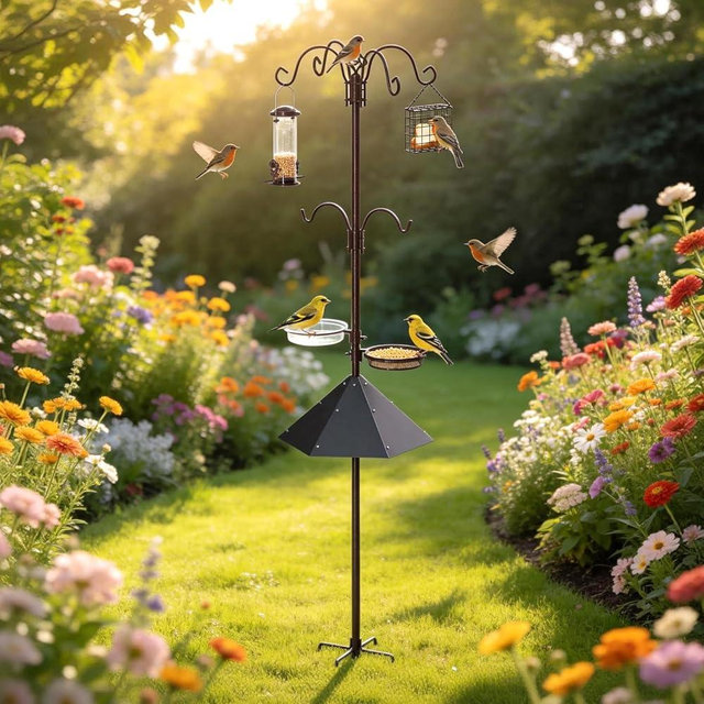 94" Bird Feeding Station Kit with Metal Squirrel Baffle, Heavy Duty Metal Bird Feeding Station with Seed Tray＆Mesh Basket, Easy Assembly Ground Mounted Bird Feeder Pole for Garden Yard Outdoor