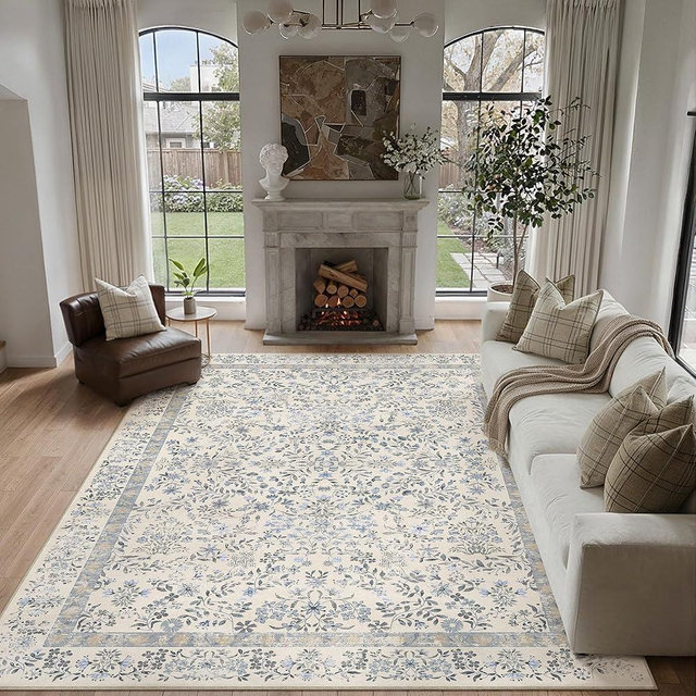 PureCozy Blue and Cream 8x10 Floral Area Rug for Living Room Washable Non Slip Bedroom Carpet Soft Low Pile Indoor Aesthetic Accent Throw Large Rug for Kitchen Dining Room Office Nursery