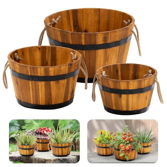 Idzo Set of 3 Wooden Flower Boxes Outdoor, Durable Acacia Wood Barrel Planters for Outdoor Plants with Ergonomic Handles, Drainage Holes, Multiple Sizes Wood Bucket Planter for Home Décor