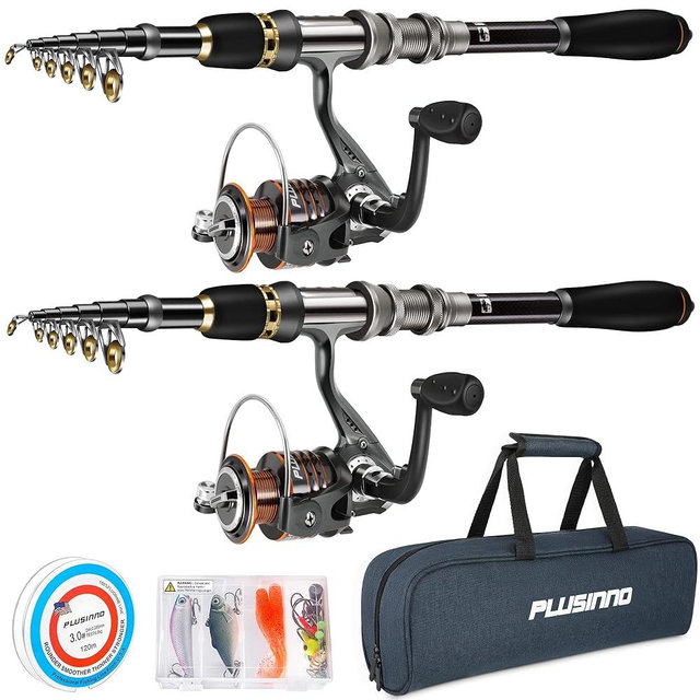 PLUSINNO Fishing Rod, Telescopic Fishing Rod and Reel Combo, Collapsible Travel Fishing Pole Rod Starter Kit, Carbon Fiber Fishing Rods and 12 +1 Bearings Stainless Steel, Fishing Gifts for Men Adults