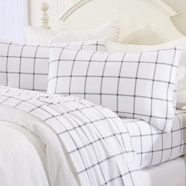 Extra Soft Windowpane 100% Turkish Cotton Flannel Sheet Set. Warm, Cozy, Luxury Winter Bed Sheets. Belle Collection (California King, White/Grey)