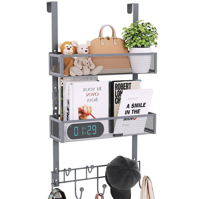 Consumest Over The Door Hooks Organizer - 3 Tier Door Hanger with 9 Coat Hooks & 2 Mesh Basket, Back Storage Organizer Hanging Towels for Bathroom, Bedroom, Grey
