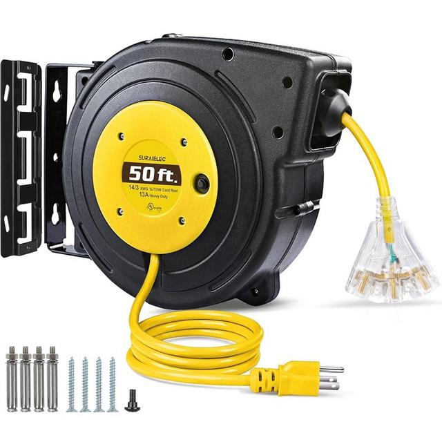 SURAIELEC 50 FT Extension Cord Reel, 14 Gauge Retractable Extension Cord, SJTOW 14 AWG/3C Heavy Duty Power Cord, 13 AMP Circuit Breaker, Lighted Triple Tap, Ceiling or Wall Mount, UL Listed