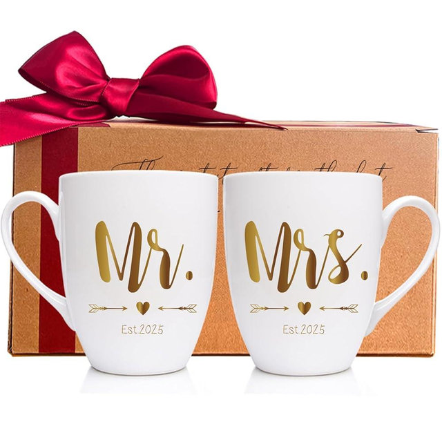 Mr & Mrs Coffee Mugs 2025, Engagement Gift for Bride Groom His Hers Couples Wife Husband Newlyweds, Prospective Newlyweds Mugs Gift, Unique Wedding Mug, Novelty Funny Wedding Gifts Set of 2-m202