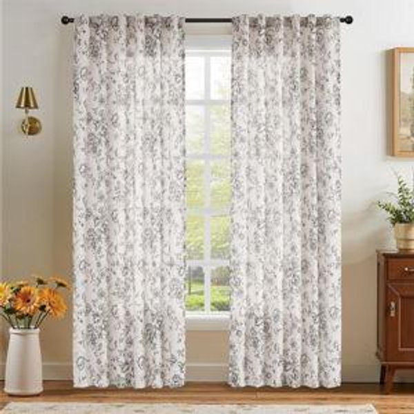 jinchan Linen Blend Curtain Floral Curtains Extra Wide for Living Room 84 Inch Length Black Printed Curtain Back Tab Farmhouse Peony Flower Patterned Drapes Bedroom Window Curtains Set 2 Panels