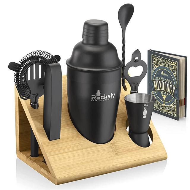 Mixology Bartender Kit and Cocktail Shaker Set for Drink Mixing | Mixology Set with 6 Bar Set Tools and Bamboo Stand Makes It the Perfect Home Cocktail Kit | All You Need For Your Bartender Tool Kit