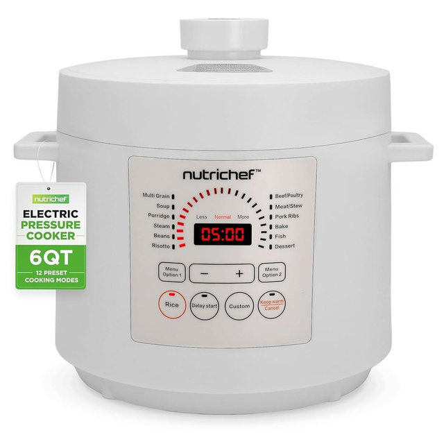 NutriChef Electric Pressure Cooker 6 Quart Capacity | 9 Function Digital Countertop Pressure Cooker | Adjustable Time & Temperature | Cook, Bake, Steam, Broil, & Braise | 13.1 x 11.4 IN | White