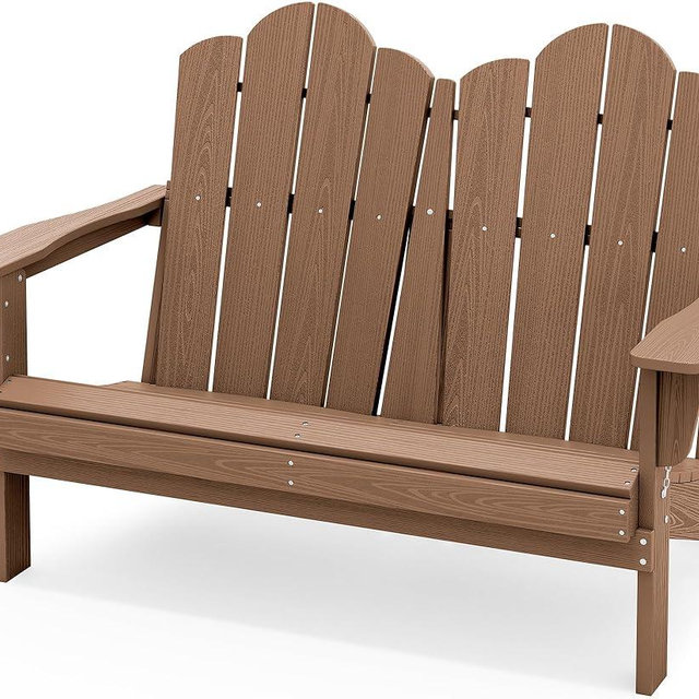 SERWALL Folding Adirondack Bench, HDPE All-Weather Adirondack Loveseat, 660 lbs Capacity, Foldable Outdoor Patio Bench for Deck, Lawn, Garden, Brown