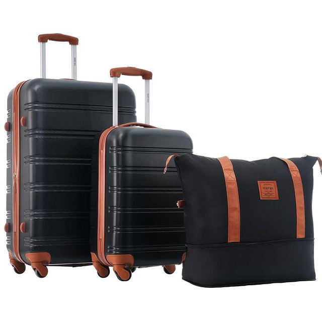 Merax Luggage Sets 2 Piece Expandable Hardside Luggage with Travel Bag Suitcase Set with Spinner Wheels(20+28+bag,Black+Brown-1)