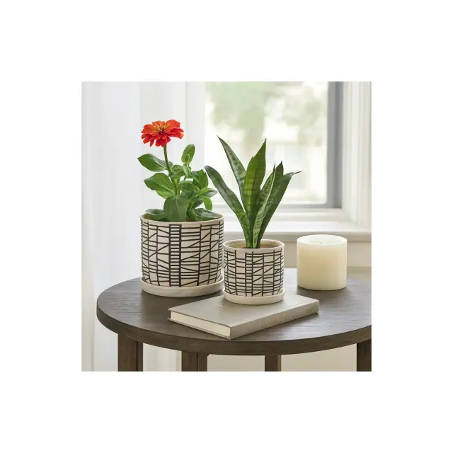 Ceramic Planters for Home Decor - Plant Pots for Indoor or Outdoor - Modern Plant Stands for Garden and Patio - Set of 2 - 8", 6" Ivory & Tan