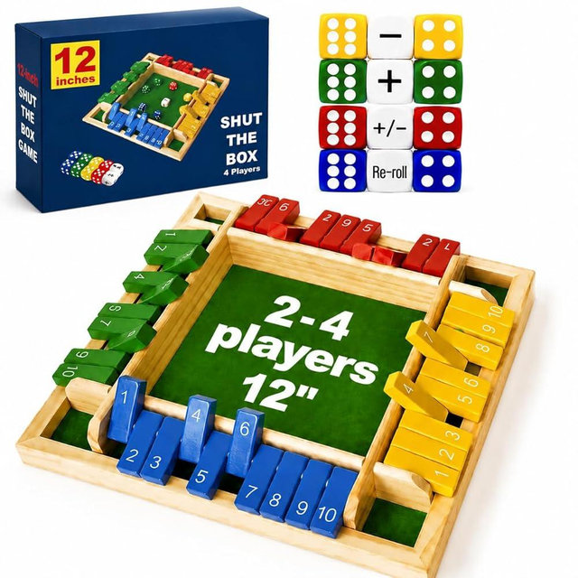 Shut The Box Dice Game 12 Inch Upgraded 2-4 Player Wooden Dice Game Math Addition Games Close The Box Family Wooden Dice Board Game for Kids Adults, Tabletop Version for Classroom, Home, Party or Bar