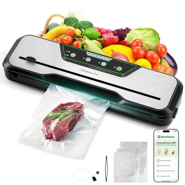 Automatic Food Vacuum Sealer Machine | Beelicious Pro 80KPa 8-In-1 Food Vacuum Saver with Starter Kits | 15 Bags, Pulse Function, Moist&Dry Mode and External VAC for Containers, Stainless Steel