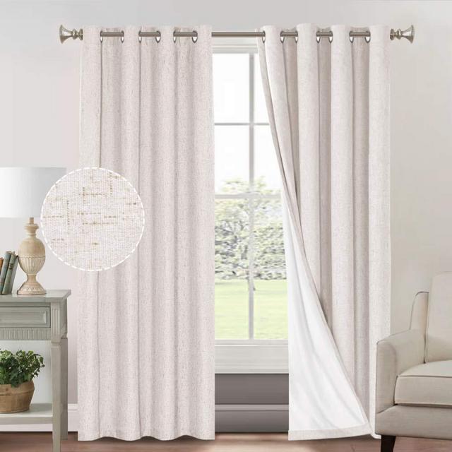 Primitive Textured Linen 100% Blackout Curtains for Bedroom/Living Room Energy Saving Window Treatment Curtain Drapes, Burlap Fabric with White Thermal Insulated Liner (52 x 84 Inch, Ivory)