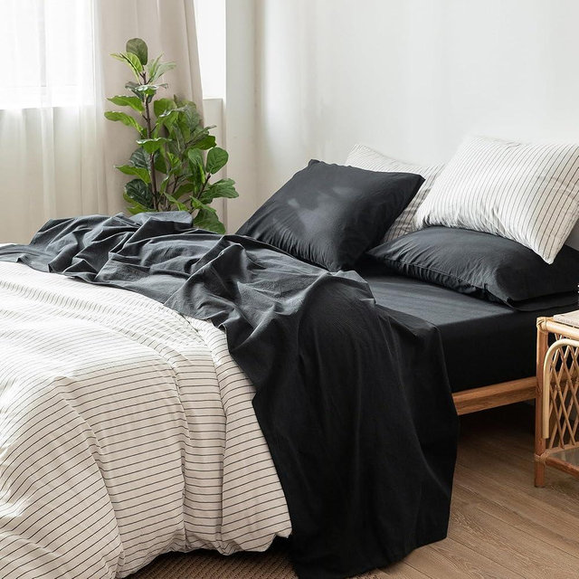 MooMee Bedding Sheet Set 100% Washed Cotton Linen Like Textured Breathable Durable Soft Comfy (Black, King)
