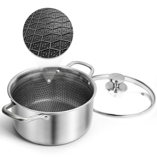 Aufranc 6 Quart Stainless Steel Stockpot with Glass Lid, Non Stick Stock Pot with Honeycomb Carving, Induction Soup Pot Compatible with All Cooktops, Dishwasher & Oven Safe, Non-Toxic (Silver)