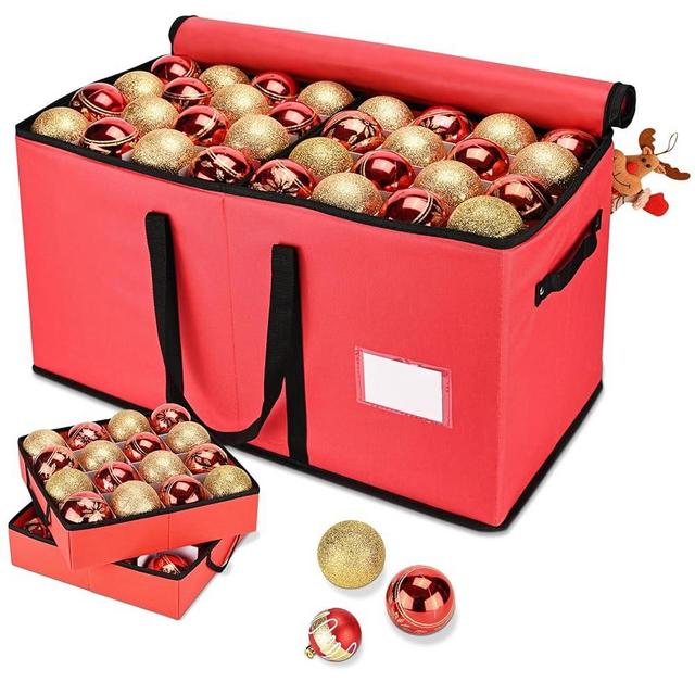 BROSYDA Christmas Ornament Storage Box, Ornament Storage Organizer Fits 128 of 3 inch Ornament Balls, 8 Removable Tray Ornament Storage Containers with Dividers to Store Xmas Holiday Decor(Red)
