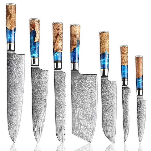 SENKEN 7-Piece Damascus Steel Kitchen Knife Set - Tsunami Collection - 67-Layer Japanese VG10 Steel - Chef's Knife, Cleaver Knife, Bread Knife, Santoku Knife, Boning Knife, & More, Luxury Gift Box
