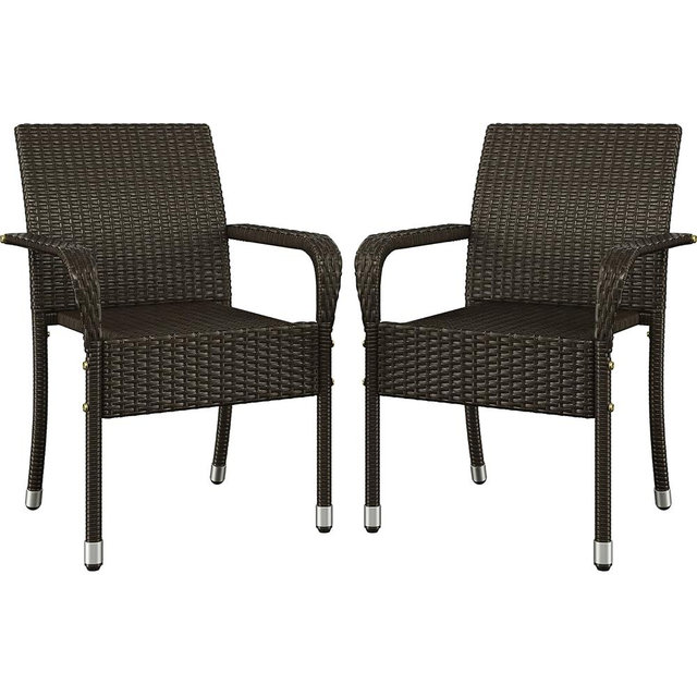 Yaheetech Set of 2 Stackable Outdoor Rattan Dining Chairs, All-Weather Armchair w/Armrests, Steel Frame for Garden, Patio, Deck, Yard, Poolside, Brown