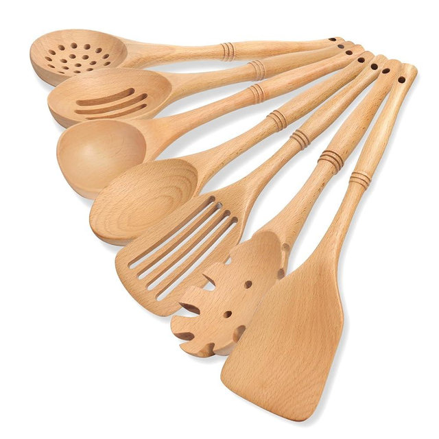 comfoyar Wooden Spoons for Cooking, 7 Pieces Beech Wood Kitchen Cooking Utenails Set with Spatula and Ladle, Heat Resistant Kitchen Cookware for Nonstick Pan