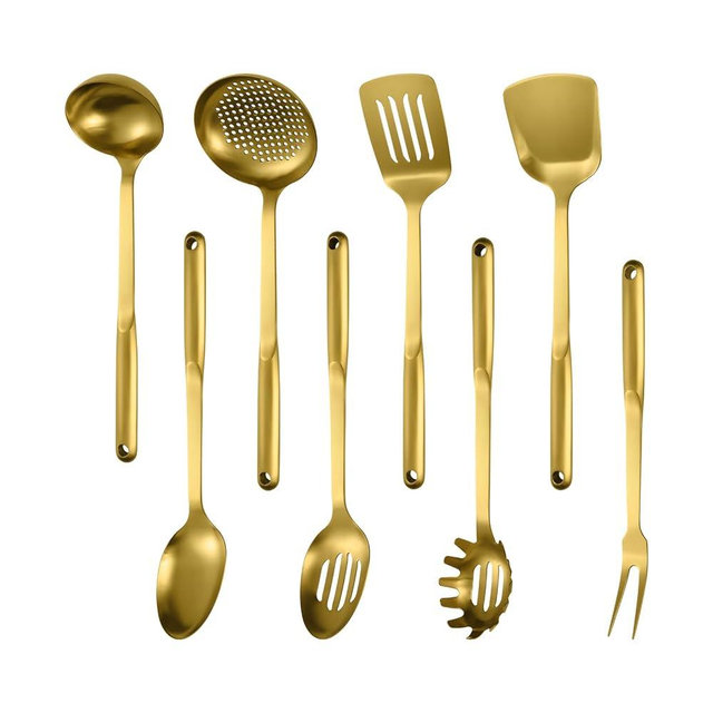 304 Stainless Steel Cooking Utensils Set, 8PCS Kitchen Utensils Set, Include Skimmer, Soup Ladle, Spaghetti Server, Wok Spatula, Slotted Spoon, Solid Spoon, Slotted Spatula Turner & Meat Fork, Gold