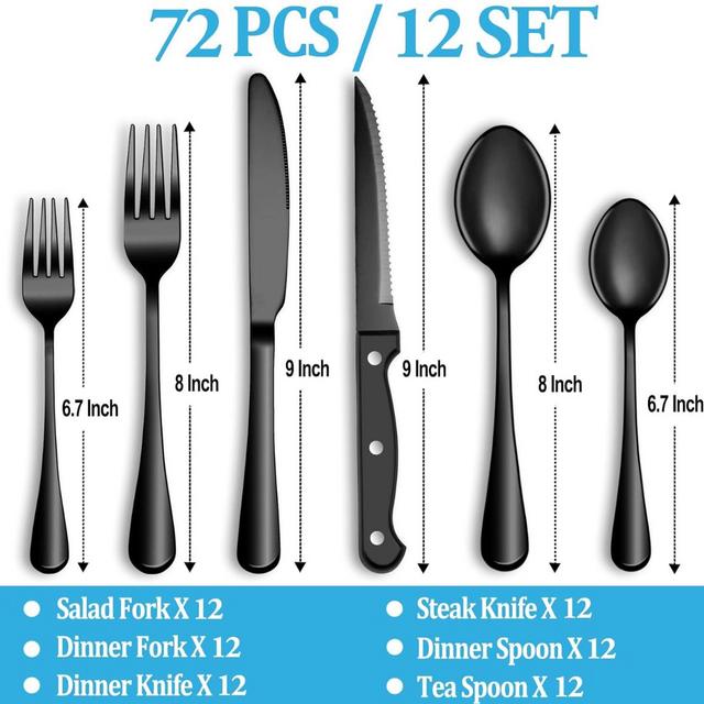 72 Pcs Black Silverware Set with Steak Knives, Stainless Steel Flatware Cutlery Set Service for 12, Kitchen Tableware Set, Utensil Set for Home and Restaurant, Knives Forks Spoon Set, Dishwasher Safe