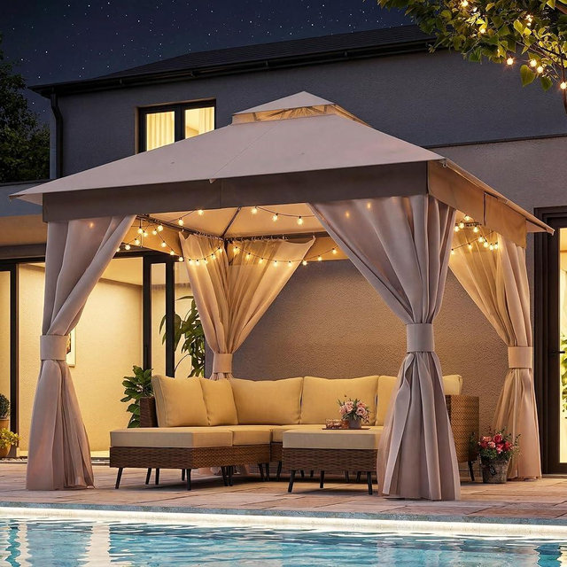 LAUSAINT HOME Outdoor Patio Gazebo 10'x10', Heavy Duty Party Tent & Shelter with Double Roofs, Mosquito Nettings and Privacy Screens for Backyard Events, Parties & Garden Use (Khaki)