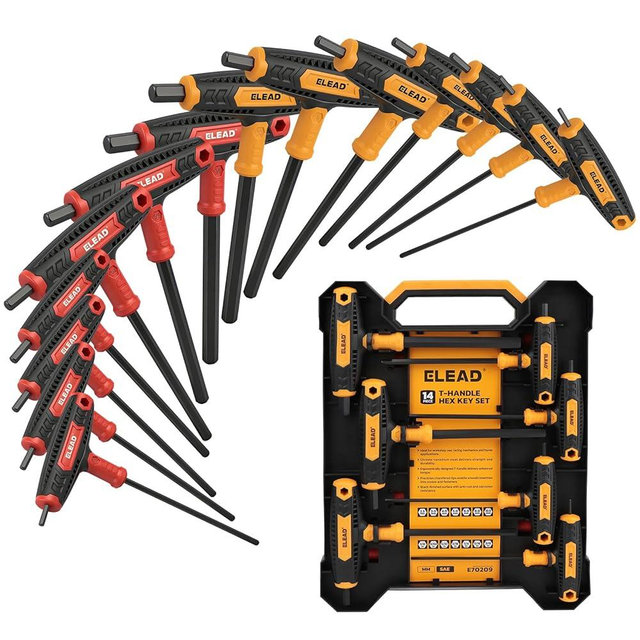 ELEAD 14-Piece T-handle Allen Wrench Set, Metric 2.5mm-10mm & SAE 1/8"-3/8" Portable Hex Key, Long Arm Allen Key Set with Storage Box for Basic Home Repair and Mechanical Maintenance