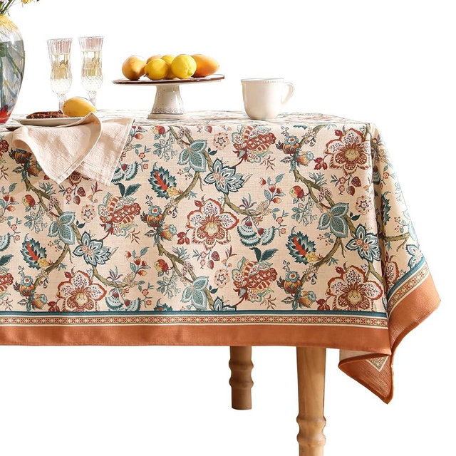 bilin gaier Designer Floral Block Print Linen Rectangle Tablecloth,Vintage Indian Style Colorfast Table Cloth,Decorative Table Cover for Kitchen,Dining,Tea Party,Home,Christmas,55"*71"