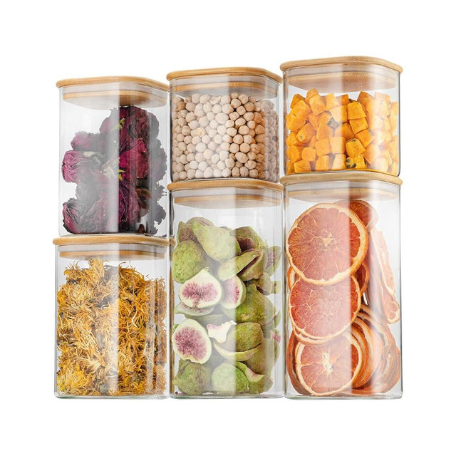 D2scrma Airtight Glass Square Storage Containers with Bamboo Lid Set of 6 (650ml*2/1100ml*2/1500ml*2) Stackable Jars, Kitchen Canister for Pantry Cereal, Nuts, Snacks and Coffee beans
