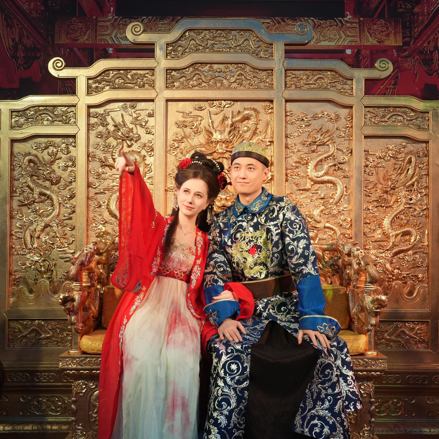 Dressing up as the brother of the emperor and his wife at a banquet in Beijing.