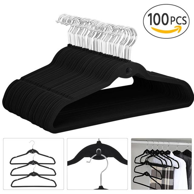 Cascading Non-slip Velvet Clothes Hangers, Pack of 100, Black