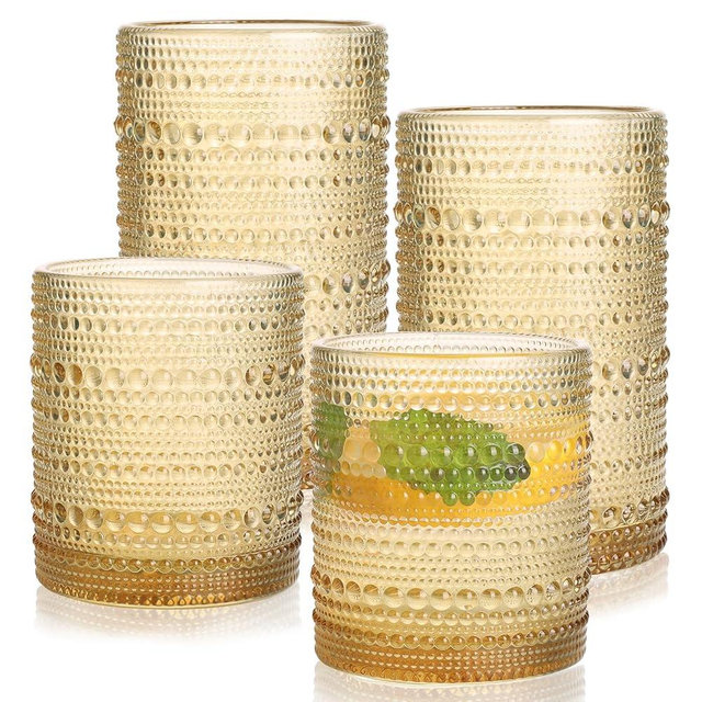 Airsky Amber Vintage Drinking Glasses Set of 4-2 Cocktail Glasses 10 oz & 2 Highball Glasses 12 oz, Fashioned Hobnail Glasses for Beer, Whiskey, Soda, Juice, Coffee, Party Supplies