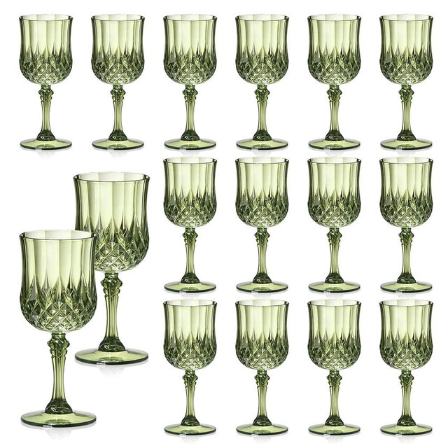 XUWAIDSGN 16 Pcs 7oz Plastic Vintage Wine Glasses Drinking Glasses Unbreakable Wedding Glassware Crystal Water Goblets Reusable Drinkware Vintage Champagne Flutes (16, Dark Green)