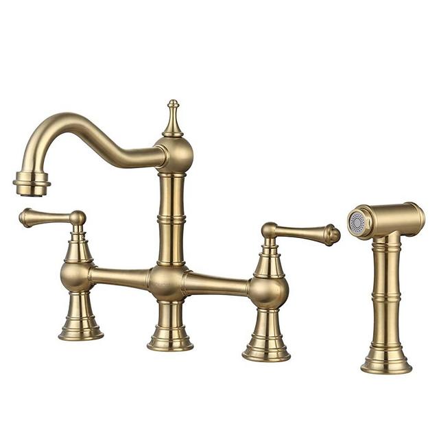 WOWOW Bridge Kitchen Faucet Brass with Side Sprayer, 4 Hole Kitchen Faucet 2 Handle 8 Inch Centerset Faucet for Kitchen Sinks, Heritage Brushed Gold Kitchen Sink Faucet