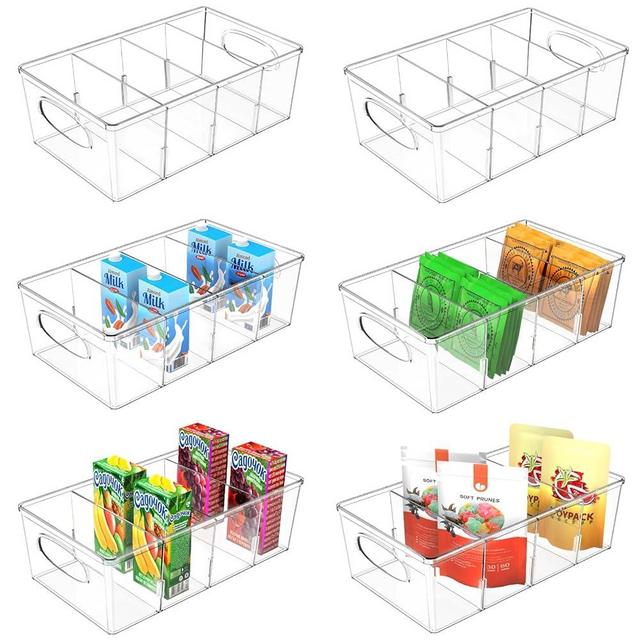 SPACEKEEPER Storage Organizer Bins 6 Pack Clear Pantry Organization and Storage Containers with Removable Dividers, Plastic Stackable Storage Bins for Cabinet, Kitchen, Fridge, Countertops