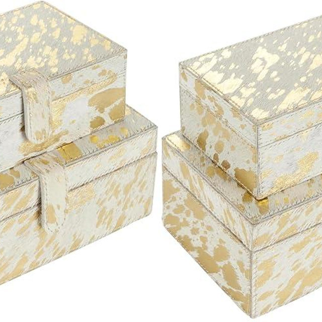 Deco 79 Leather Handmade Decorative Box Decorative Keepsake Boxes with Gold Foil Paint,Storage Boxes 8", 10" W, Gold (Pack of 4)