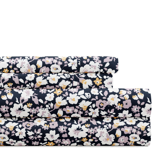Delicate Blossoms Floral Patterned Ultra-Soft 4 Piece Bed Sheet Set - Becky Cameron, Floral Dream Navy, King