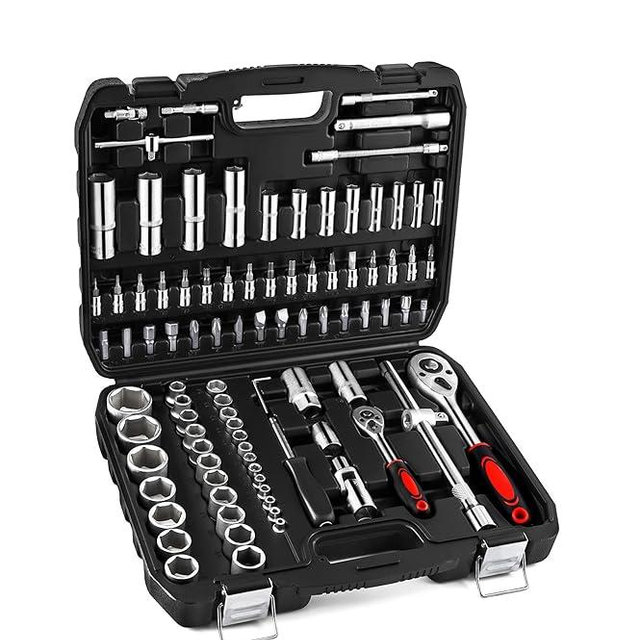 XHTT 94 Piece Tools For Mechanics,Metric And Standard 1/4,1/2 Socket Set,And Ratchet Set,Universal Joint,Extension Bars And Quick Release Reversible Ratchet Wrench,Plastic Toolbox Storage.