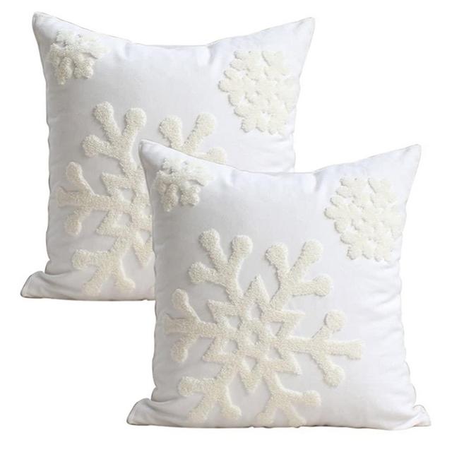 Elife 18x18 Soft Canvas Christmas Winter Snowflake Style Cotton Linen Embroidery Throw Pillows Covers w/Invisible Zipper for Bed Sofa Cushion Pillowcases for Kids Bedding (1 Pair, White)