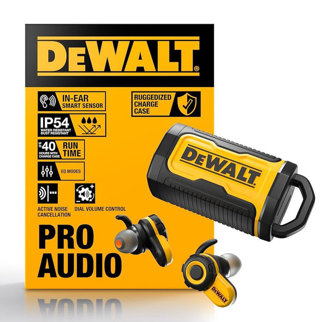 DEWALT Jobsite Pro X2 True Wireless Work Earbuds — ANC Active Noise Cancelling, Glove-Friendly Dial Control, 40+ Hour Runtime, IP54 Water Resistant, 4 EQ Modes, Bluetooth