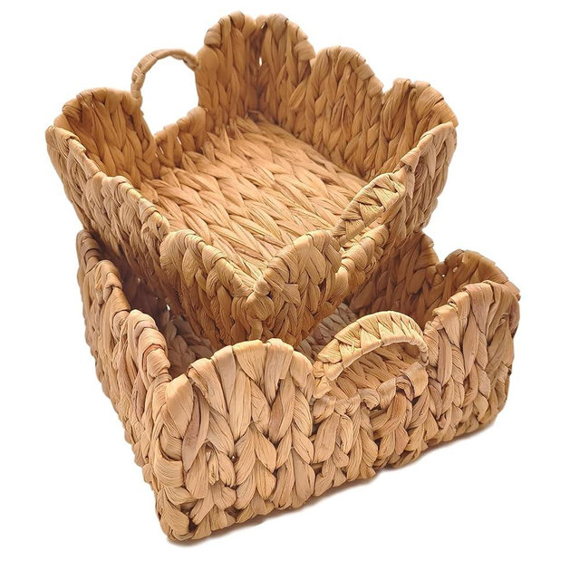 Scalloped Basket,2 Packs Basket Living Room Organizer,Woven Water Hyacinth Scallop Baskets with Handles, Decorative for Bedroom, Living Room (2 Pack)