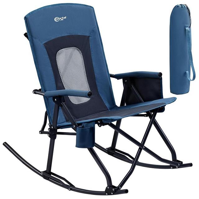PORTAL Oversized Folding Rocking Camping Chair Portable Outdoor Rocker with High Back Hard Armrests Carry Bag, Supports 400 lbs, Mesh Back, Blue