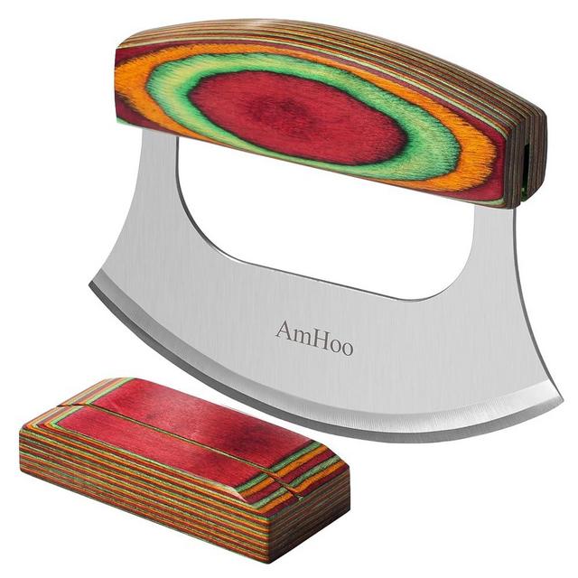 AmHoo Pizza Cutter 6.5 Inch Chef Mezzaluna Ulu Knife Handle Color Wood Grip Sharp Rocker Slicer Stainless Steel Blade Salad Onion Vegetable Chopper with Holder Base Christmas Gifts
