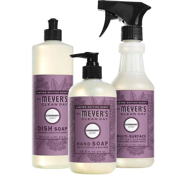 Mrs. MEYER'S Kitchen Set, Elderberry Scent, 1 Hand Soap, 1 Dish Soap & 1 Multi-Surface Cleaner, 3 CT (Variety Pack)