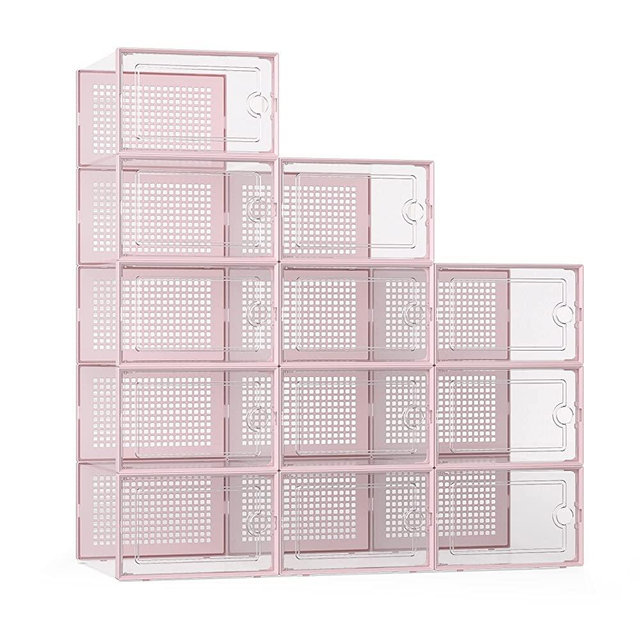 Large Shoe Organizers Storage Boxes for Closet 12 Pack, Kuject Clear Plastic Stackable Sneaker Containers Bins with Lids, Great Substitute for Shoe Rack, Space Saving for Entryway, Under Bed, Pink