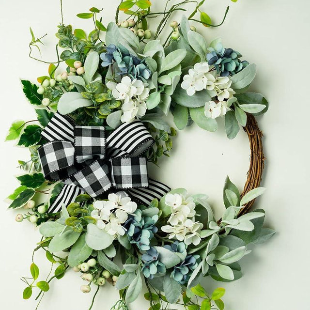WREATHOME Wreaths for Front Door Year Round, 20in Green Farmhouse Artificial Lambs Ear Wreath for Home Decor Window Wall Wedding