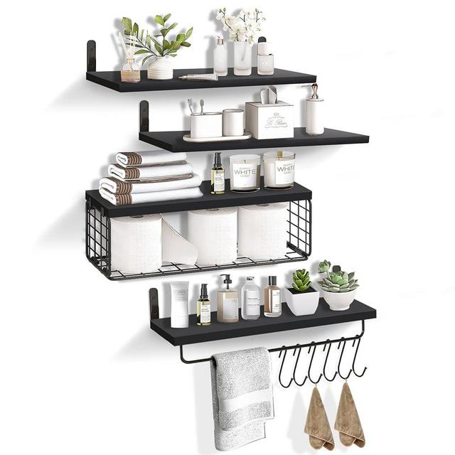 SimpliBins Floating Shelves for Wall, Shelves for Wall Decor, 4+1 Tier Floating Shelves, Wall Mounted Wood Shelves with Hooks for Bathroom, Bedroom, Kitchen and Living Room (Black