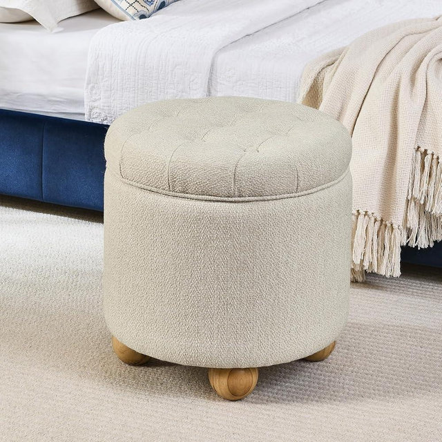 Furniliving Upholstered Button Tufted Round Ottoman, Linen Storage Ottomans Round, Removable Lid Convenient Footstools, Bedroom Ottoman with Storage for Vanity, Living Room, Beige