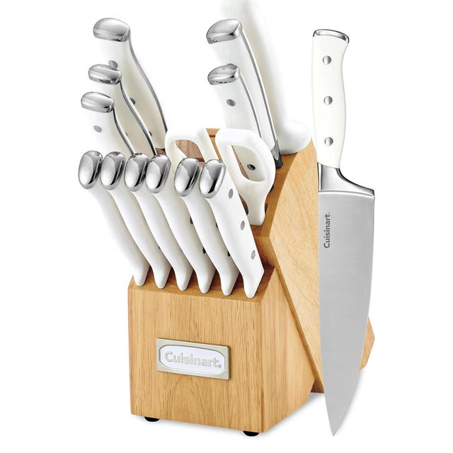 Cuisinart 15-Piece Knife Set with Block, High Carbon Stainless Steel, Forged Triple Rivet, White, C77WTR-15P