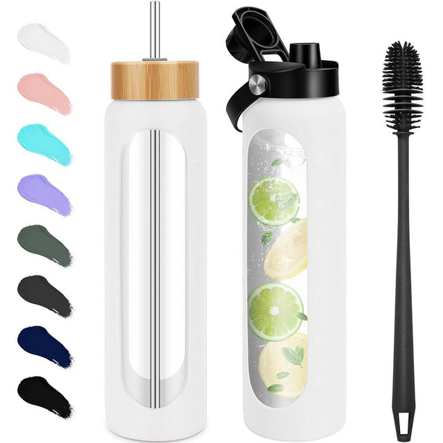 FULBEVY 32 oz Glass Water Bottles - 1 Liter Motivational Tumbler Water Bottle Time Marker - Borosilicate Glass Water Bottle With Silicone Sleeve and 2 Lids, Handle Spout & Bamboo Straw Lid